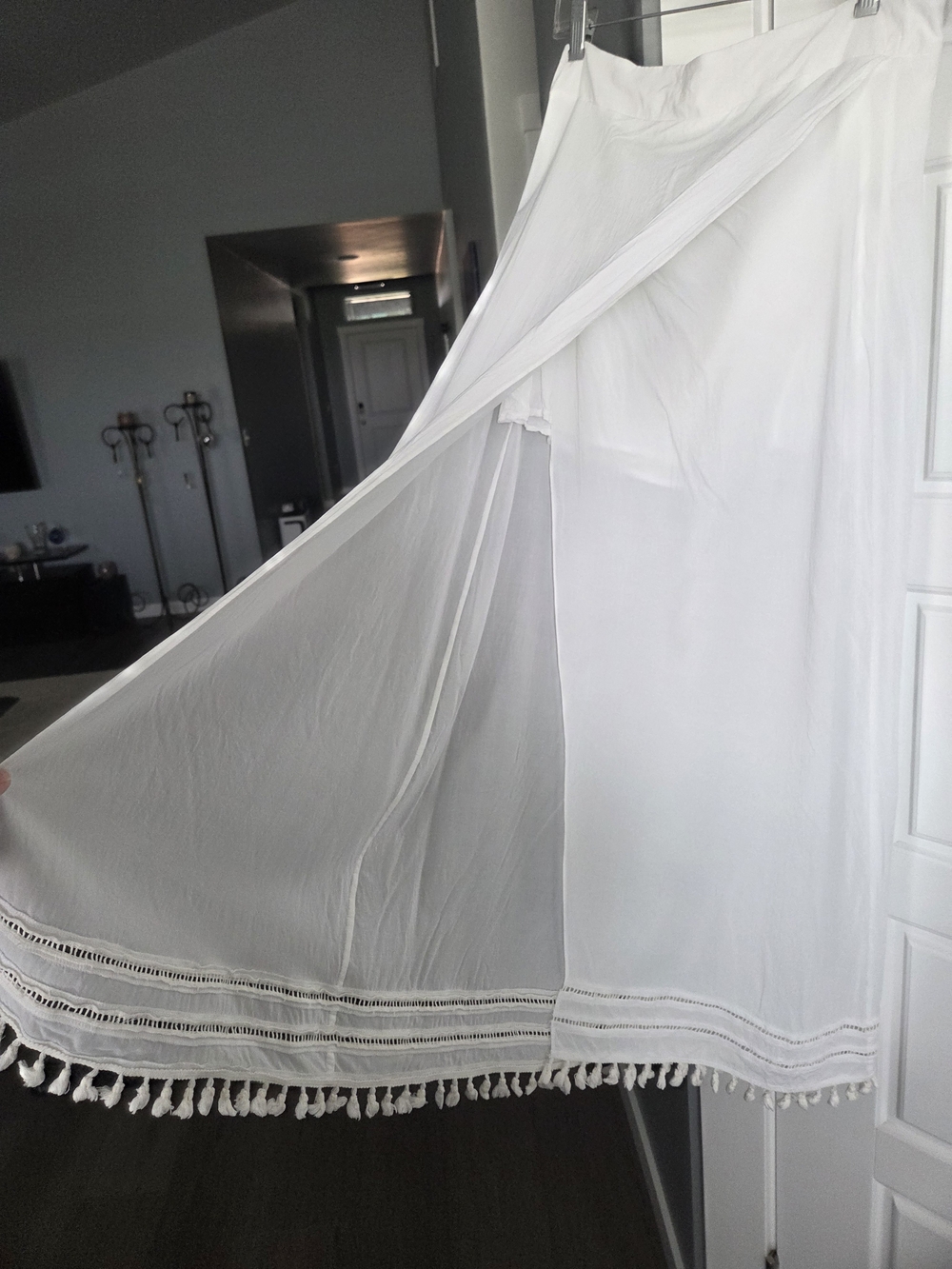 SOFIA by VIX White Maxi Skirt with Tassel Hem